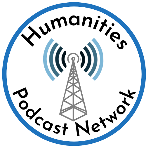 humanities podcast network logo blue circle with radio tower emanating radio waves in shades of blue